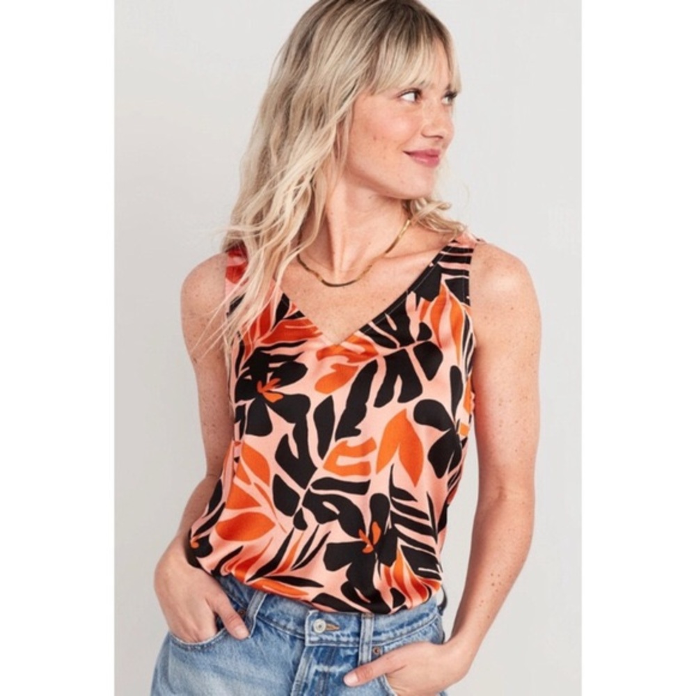 Old Navy Orange Floral Sleeveless Satin Top